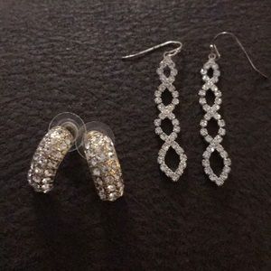 2 prs-rhinestone dangling earrings-silver goldtone